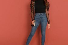 With skinny cropped jeans, chain strap bag and black ankle strap shoes