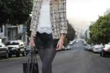 With white lace blouse, black leather shorts, gray tights, metallic ankle boots and tote bag
