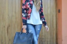 With white loose shirt, skinny jeans, tote bag and two colored pumps