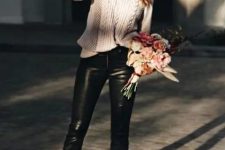 With white loose sweater, embellished high heels and bag