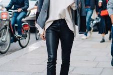 With white loose sweater, gray jacket and black ankle boots