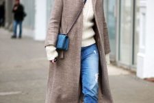 With white sweater, collarless midi coat, blue chain strap bag and mustard yellow suede boots