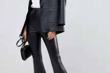 With white t-shirt, black mini bag, black leather blazer and black ankle boots