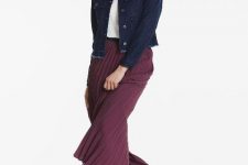 With white t-shirt, marsala pleated maxi skirt and white sneakers