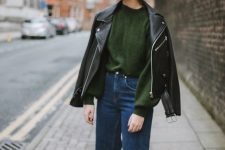 a chic fall look with a green sweater, blue jeans, a black leather jacket, yellow shoes is a gorgeous idea