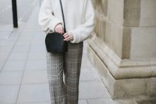 a fall to winter look with a white jumper, grey plaid wide leg trousers, black loafers and a black bag