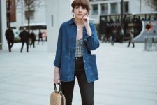 a lovely early fall outfit with a plaid bodysuit, black cropped jeans, black vintage shoes, a blue denim jacket and a woven bag