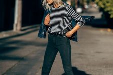 a striped shirt, black flare cropped jeans, black block heels and a blue denim cropped jacket