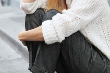 a white chunky jumper, grey trousers, black booties are all you need to feel comfy and look stylish at work