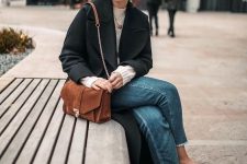 blue jeans, a white jumper, a black cropped coat, brown vintage shoes and a brown suede bag
