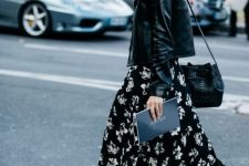 02 a black floral midi dress, a white turleneck, a black leather jacket, a black bag and tan suede sock boots