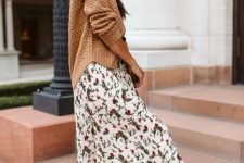 04 a pretty fall outfit with a white floral maxi dress, a beige jumper, light grey suede booties and statement earrings