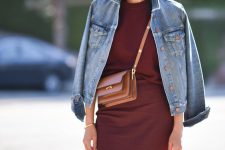 05 a burgundy jumper, a matching midi pencil skirt, a blue denim jacket and a beige bag for the fall