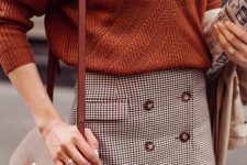 05 a cozy fall outfit with a rust-colored jumper, a plaid mini skirt, a brown bag is suitable for work, too