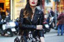 06 a black floral mini dress, a black leather jacket, black tights and a black bag plus a red lip to rock in the fall