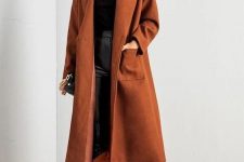 07 a lovely and edgy fall outfit with a black turtleneck and leather leggings, a brown midi coat and matching knee high boots
