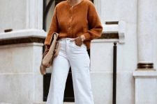 10 a rust-colored cardigan tucked into white cropped jeans, snakeskin printed boots, a tan bag for work on the fall