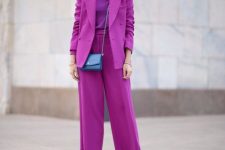 12 a refined monochromatic fall work outfit with a turtleneck, a pantsuit with an oversized blazer, black shoes and a blue bag