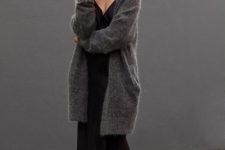 13 a black slip midi dress, black heels, a grey oversized cardigan for a comfy and very feminine fall outfit