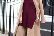 13 a gorgeous fall work outfit with tan wide leg trousers and a trench, a burgundy knit sleeveless sweater and matching shoes