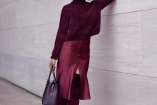 14 a monochromatic burgundy look with a turtleneck sweater, a slip midi skirt, over the knee boots and a bag