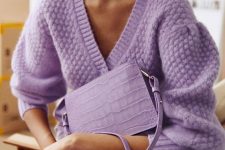 15 a dreamy lilac outfit with a V-neckline sweater, trousers and a clutch, all matching, and romantic earrings