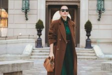 16 an emerald midi shirtdress paired with a brown midi coat, boots and a matching bag for an ultimate work look