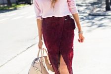 18 a refined work lookw ith a pink jumper, a burgundy suede wrap midi skirt, burgundy heels and a tan bag