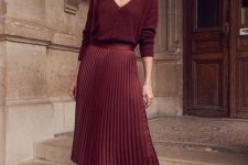 19 a simple and pretty fall work outfit in burgundy – a pleated midi skirt, a cardigan as a shirt, boots and a bag