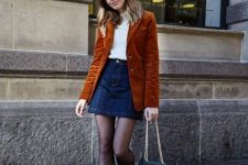 20 a pretty fall outfit with a white jumper, a navy denim mini, black tights and boots, a rust-colored corduroy blazer and a green bag