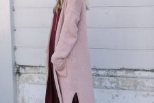 21 a cool fall look with a burgundy slip midi dress, a blush long cardigan, dusty pink velvet sock boots and a hat