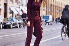 22 a Parisian inspired monochromatic fall outfit with a turtleneck, high waisted pants, lacquer boots and a beret