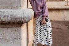 24 a romantic fall date look with a lavender oversized sweater, an asymmetrical polka dot skirt, black lace up heels and a clutch