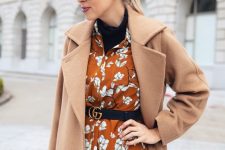 26 a rust floral dress, a black turtleneck under it, a black belt, a beige coat and a brown bag for a romantic fall look