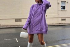 29 a purple mini sweater dress, white knee boots and a white bag for a fall or winter day