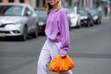 30 a purple sweater, white trousers, marigold heels and a clutch for a simple and bright fall look