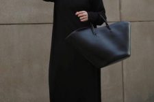 33 a very simple and comfortable outfit with a black straight maxi sweater dress, black boots and a black tote