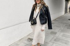 35 a pretty fall outfit with a neutral turtleneck midi sweater dress, a black moto jacket, black combat boots and a crossbody bag