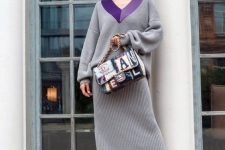 36 a whimsy outfit with a grey maxi sweater dress with a purple neckline, matching sock boots and a whimsy bag