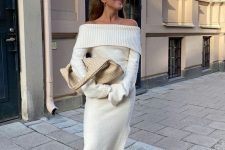 38 a girlish outfit with a creamy off the shoulder maxi sweater dress, a neutral woven bag, black platform shoes
