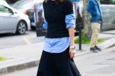 With asymmetrical maxi skirt, black cutout high heeled boots and sunglasses
