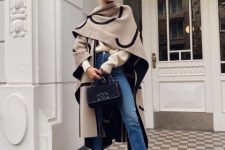 With beige sweater, oversized scarf, chain strap bag and cropped jeans