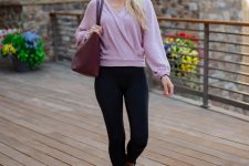 With black leggings, marsala leather tote bag and brown suede ankle boots