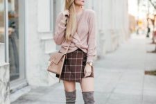 With checked wrap mini skirt, pale pink bag and gray over the knee boots