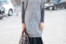 With gray hat, striped shirt, checked bag, printed midi skirt and high heels