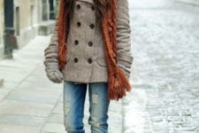 With hat, gray tweed jacket, cuffed jeans and brown knitted scarf