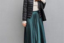 With light gray beret, light gray turtleneck, chain strap bag, emerald pleated midi skirt and black mid calf boots