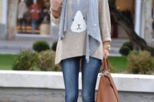 With loose sweater, gray embellished scarf, brown leather tote bag and skinny jeans