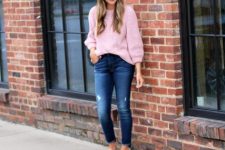 With navy blue cropped jeans and beige flat mules