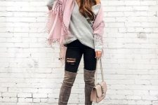 With pale pink fringe scarf, black distressed pants, gray suede over the knee boots and pale pink chain strap bag